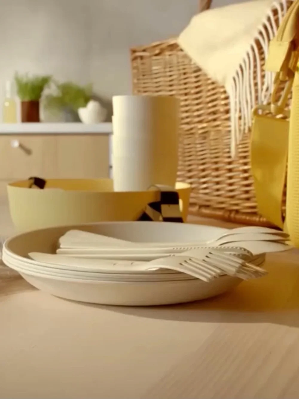 21-Piece Picnic Dining Set - Beige and Yellow